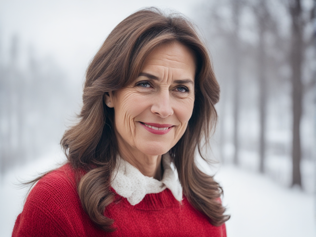 The front side of a brown hair woman 48 years old with a red... by ...