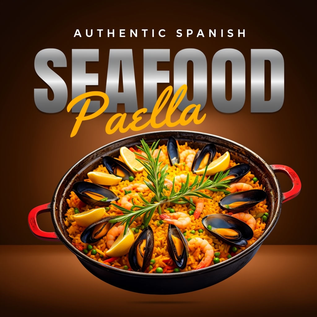 Authentic Spanish Seafood Paella Dish Photography Social Media Post