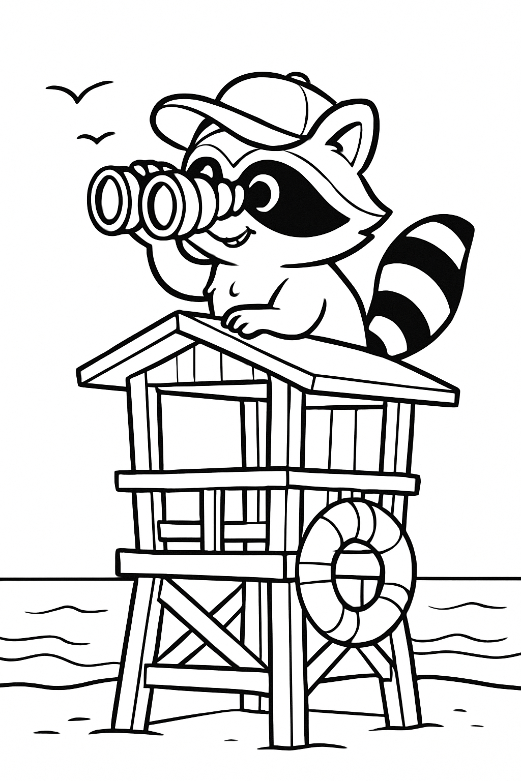Playful Cartoon Raccoon on Lifeguard Tower Coloring Page