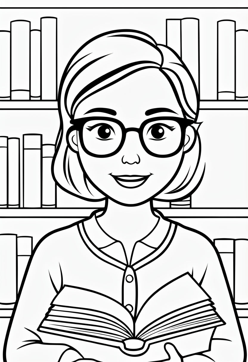 Friendly Librarian Character with Open Book Coloring Page