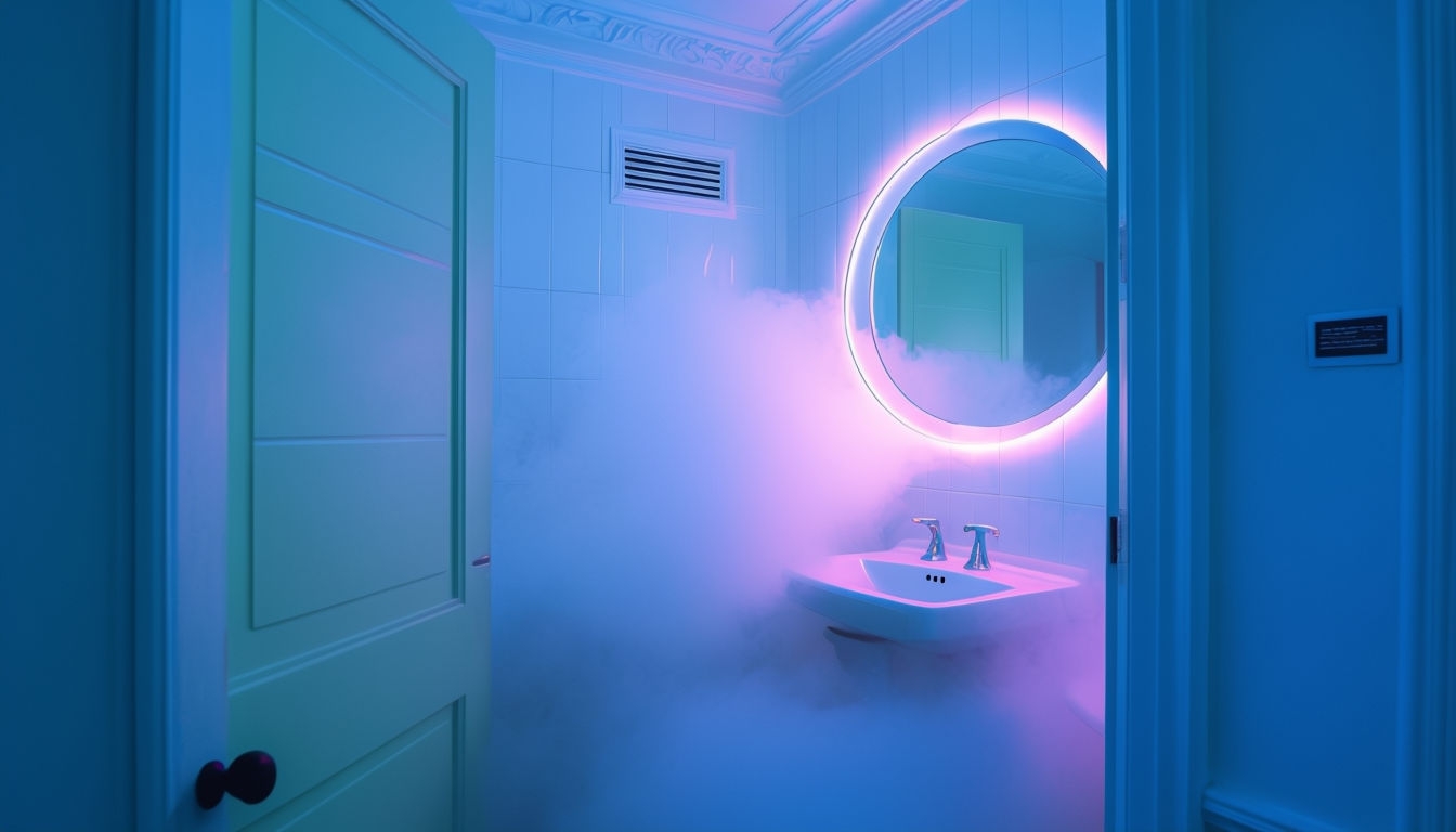 Surreal Foggy Bathroom with Mint Green Door Background