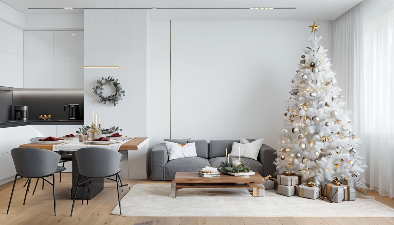 Elegant Minimalist Christmas Living Room Interior Photograph for Virtual Backgrounds