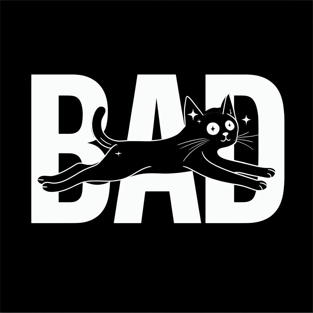 Playful Black Cat Jumping with Bold "BAD" Text T-Shirt
