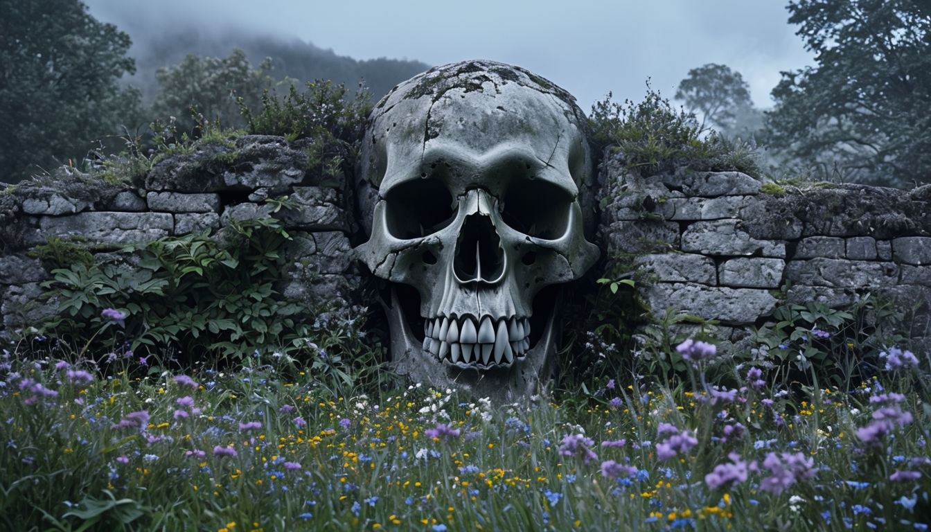 Eerie Stone Skull Landscape with Wildflowers Virtual Background