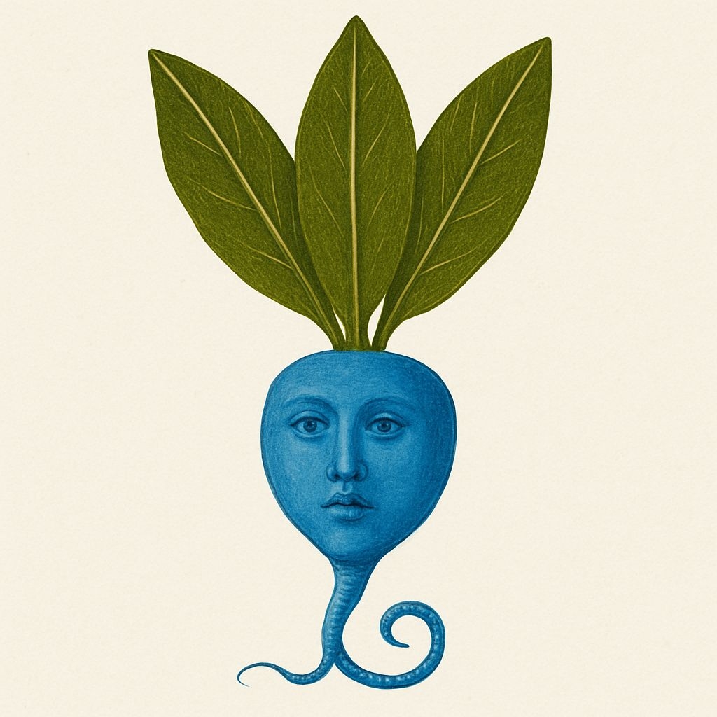Surreal Blue Plant Root with Human Face Artistic Sticker