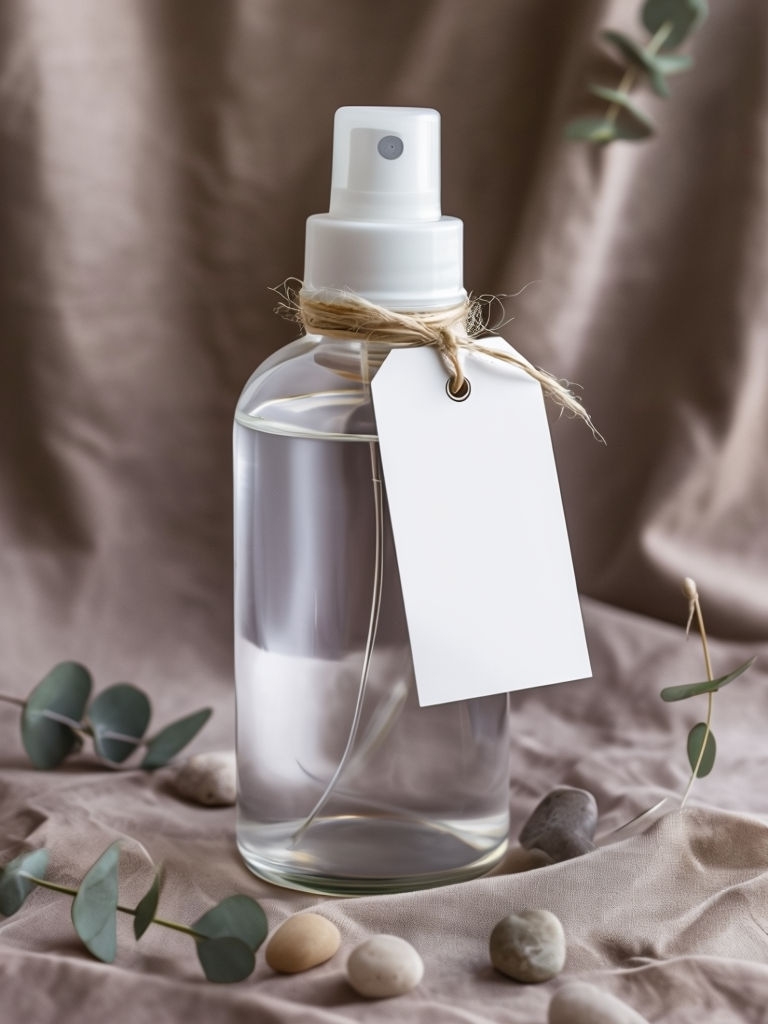 Elegant Glass Spray Bottle with Tag on Beige Fabric Mockup