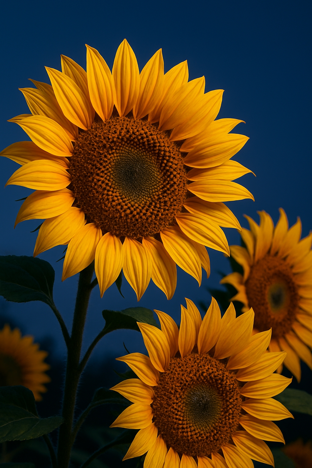 Serene Close-Up of Sunflowers Against Navy Blue Sky Mobile Wallpaper