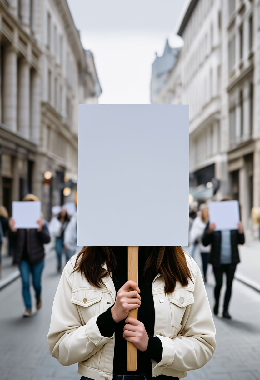 Urban Protester Mockup with Blank Sign in City Street Setting Mockup