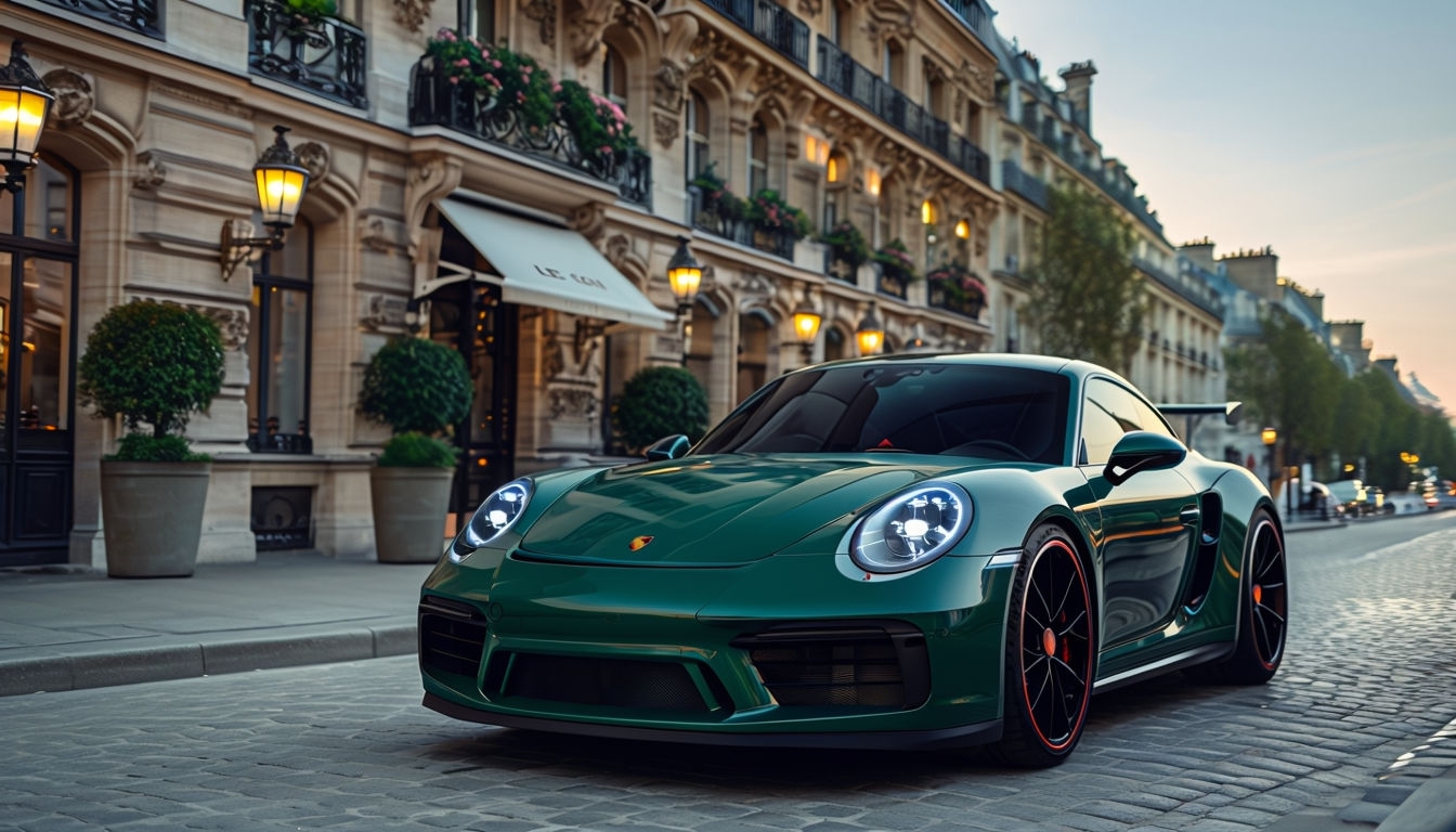 Luxurious Parisian Street Scene with Forest Green Porsche Backgrounds