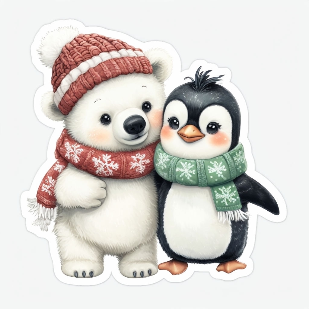 Kawaii Polar Bear Cub and Penguin Friends Sticker