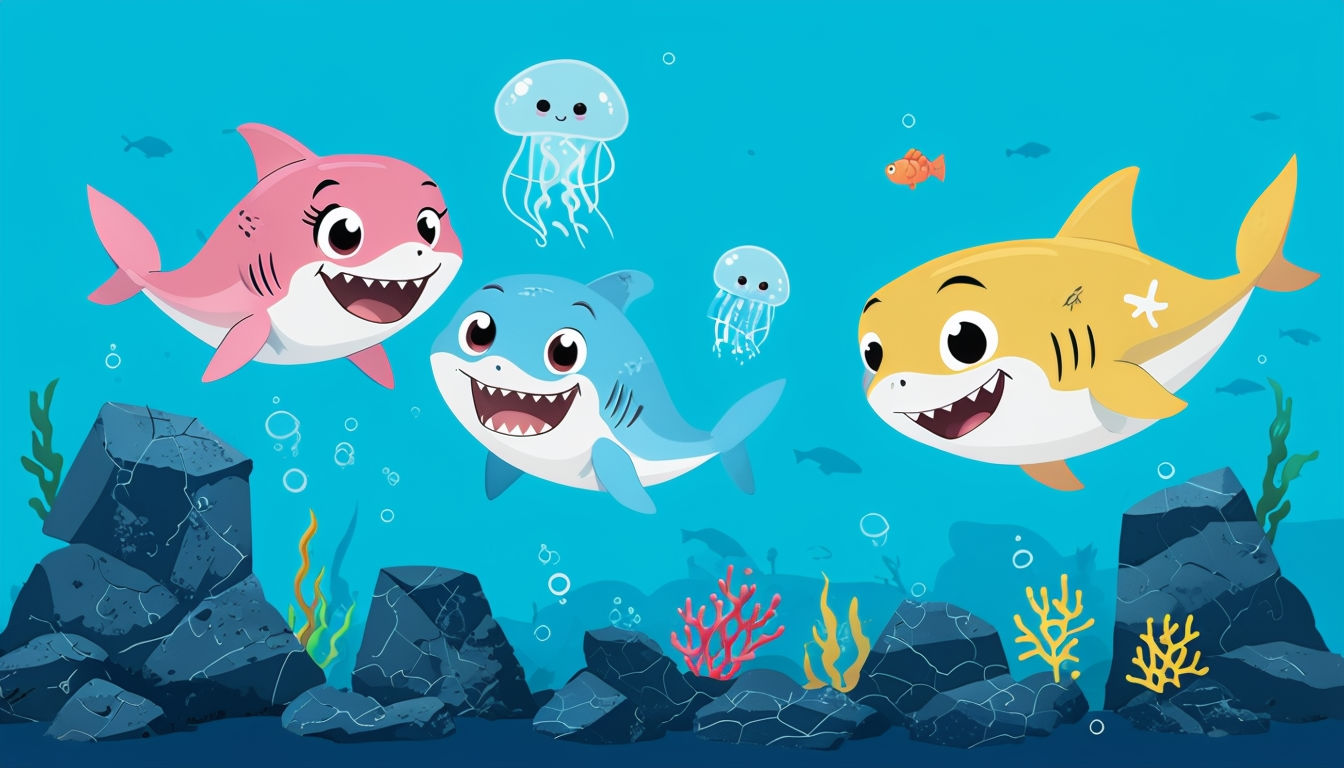 Cheerful Cartoon Underwater Scene with Baby Sharks and Jellyfish Art