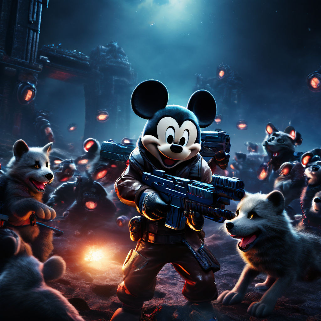 Mickey mouse playing laser tag against a pack of wolves by Daniel Jones ...