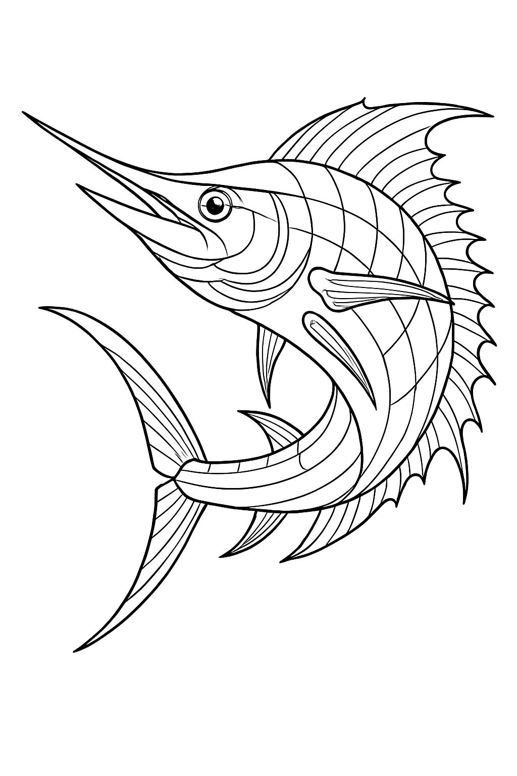 Intricate Swordfish Line Drawing for Creative Coloring Book Pages