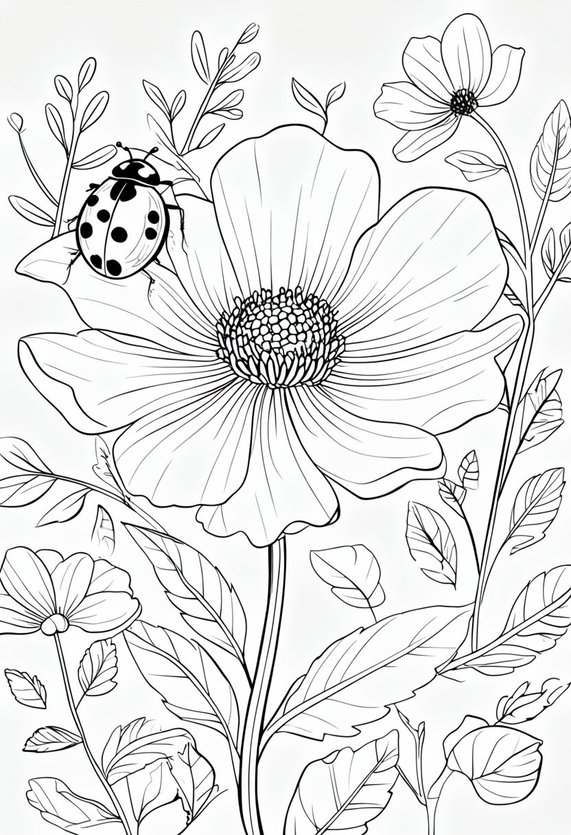 Whimsical Black and White Flower with Ladybug Coloring Page