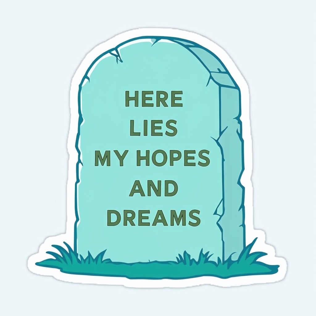 Humorous Cartoon Tombstone Sticker with Engraved Hopes and Dreams