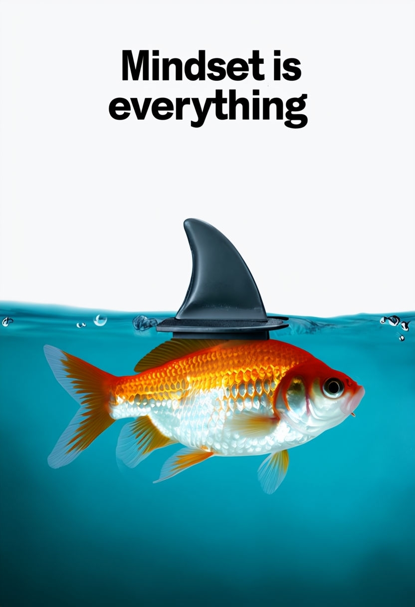 Whimsical Goldfish with Shark Fin and Motivational Mindset Quote Poster