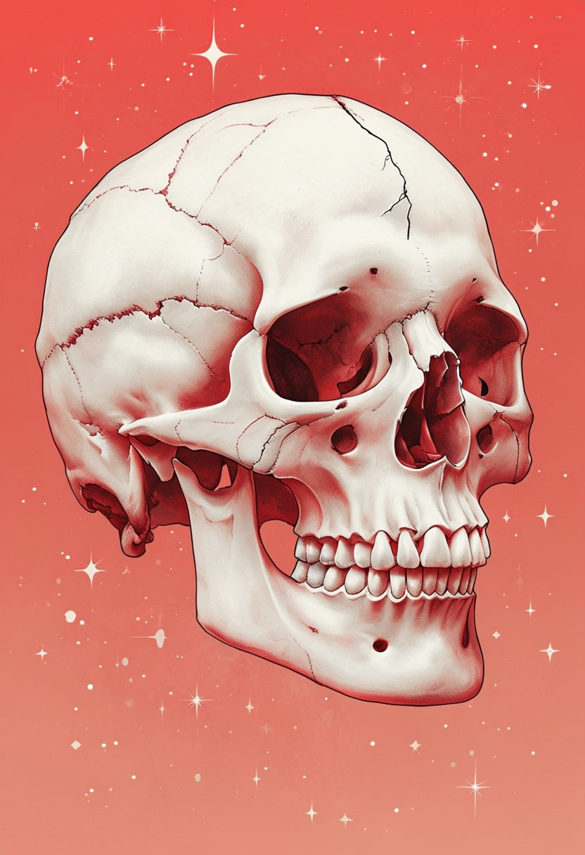 Monochromatic Human Skull Illustration with Ethereal Sparkles Art