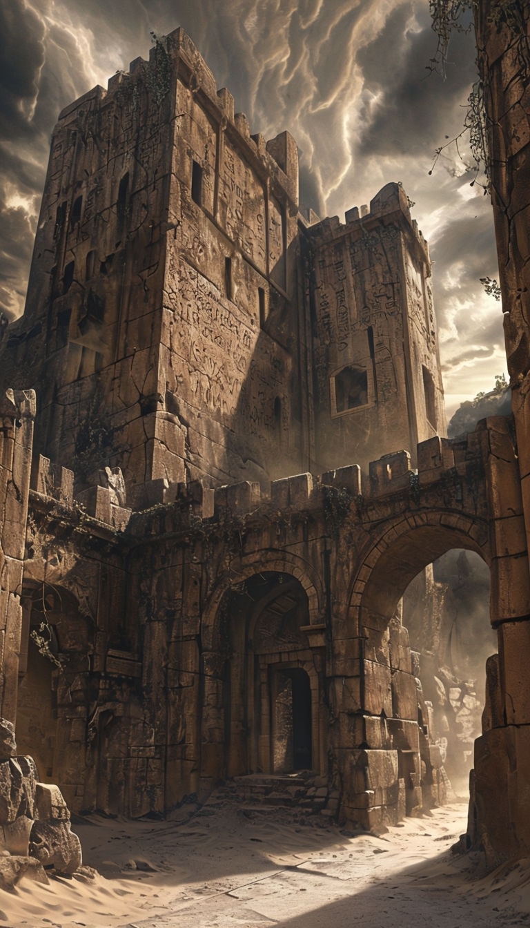 Ancient Fortress Ruins Under Dramatic Sky Art