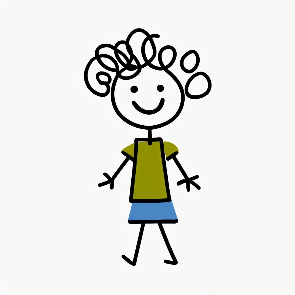 Playful Cartoon Stick Figure with Curly Hair T-shirt
