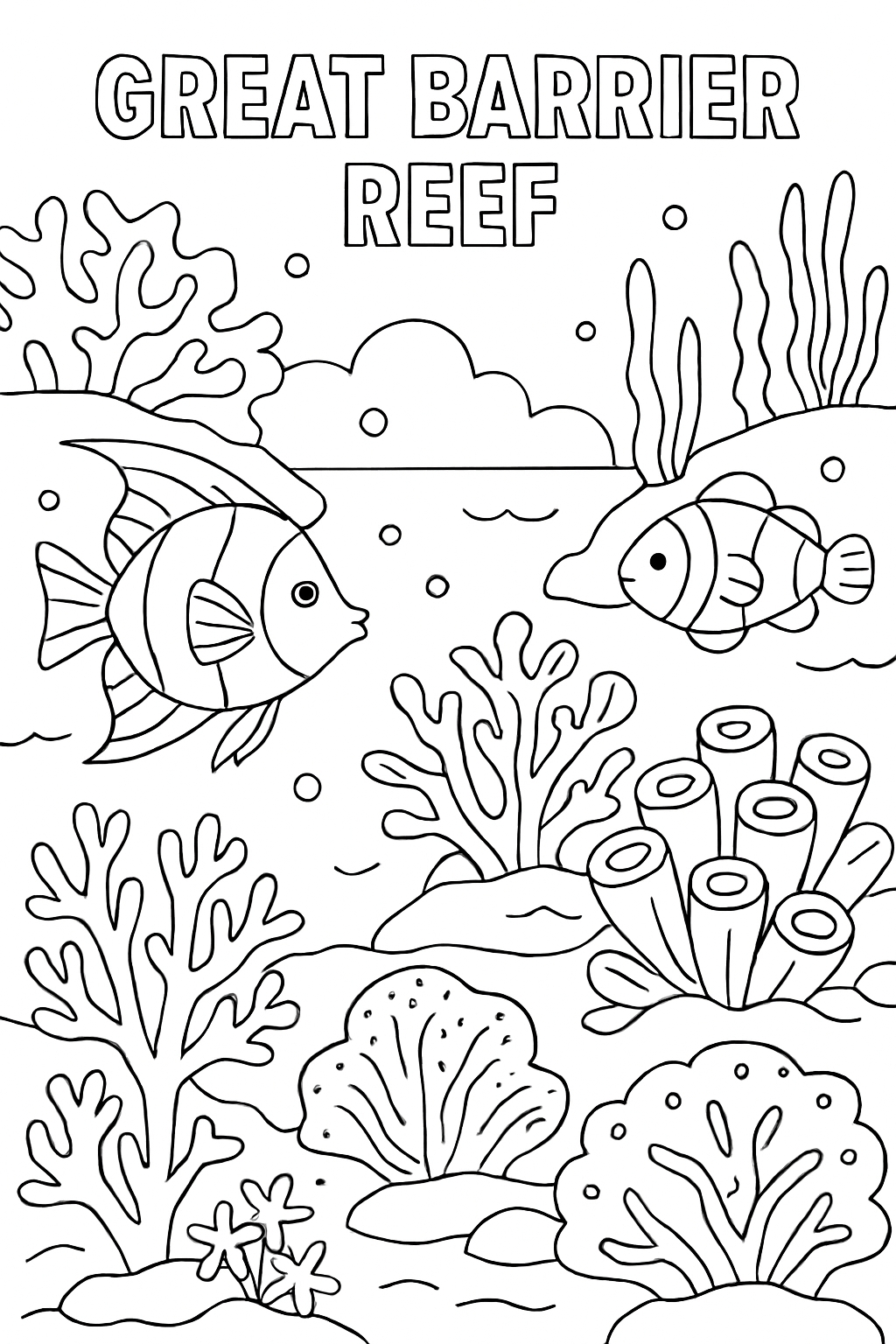 Underwater Coral Reef Scene Coloring Page for Kids