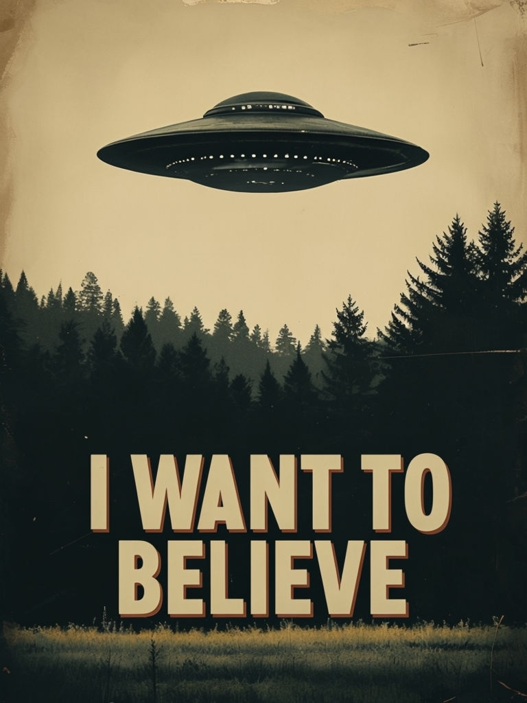 Mysterious Vintage UFO Poster with Forest and I Want to Believe Text