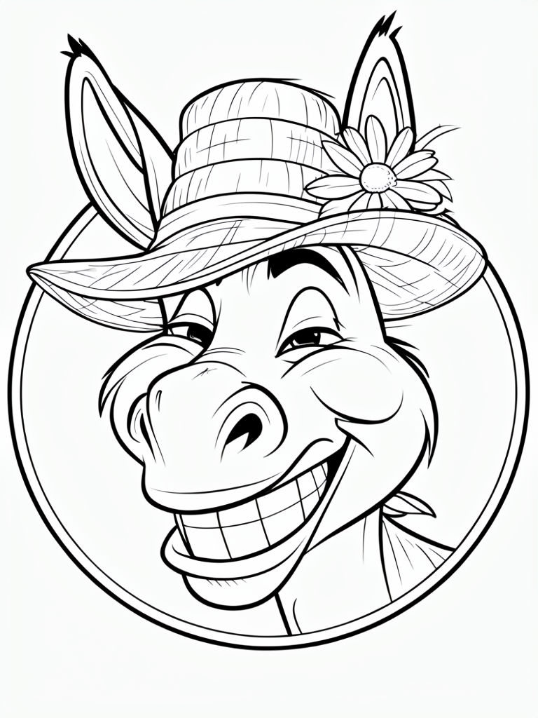 Cheerful Cartoon Donkey Face Line Art Coloring Page