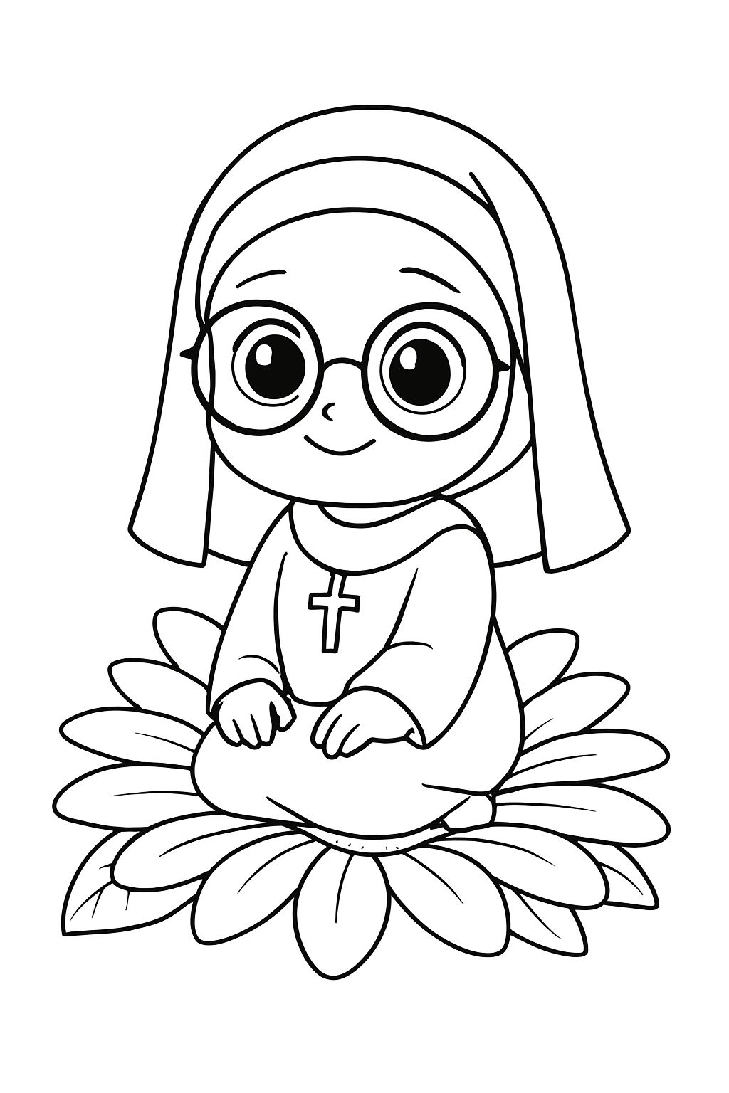 Cartoon Nun Sitting on Flower Black and White Line Drawing Coloring Book Pages