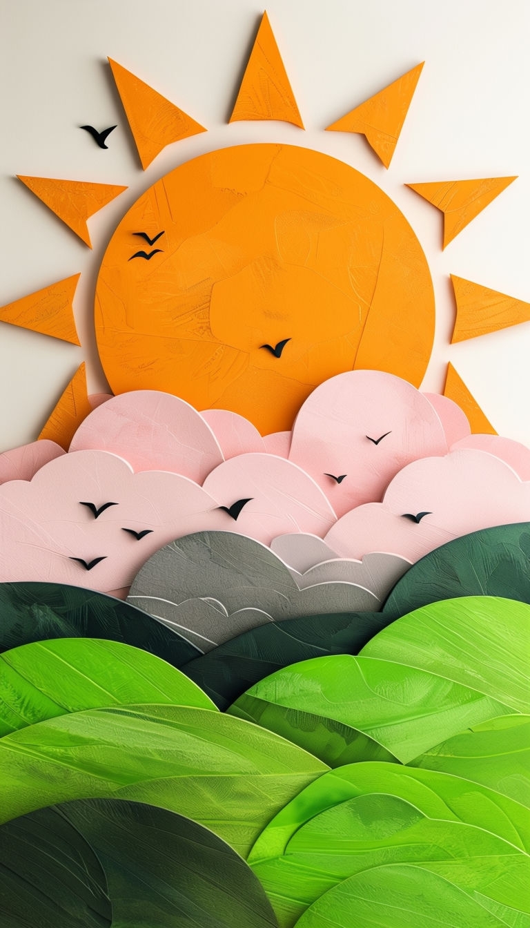 Playful Abstract Sun and Clouds Landscape Illustration Mobile Wallpaper