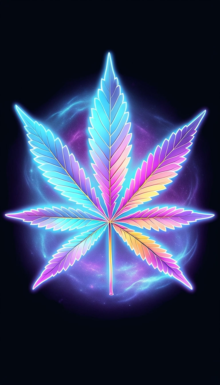 Vibrant Cannabis Leaf with Neon Glow on Black Background Mobile Wallpaper