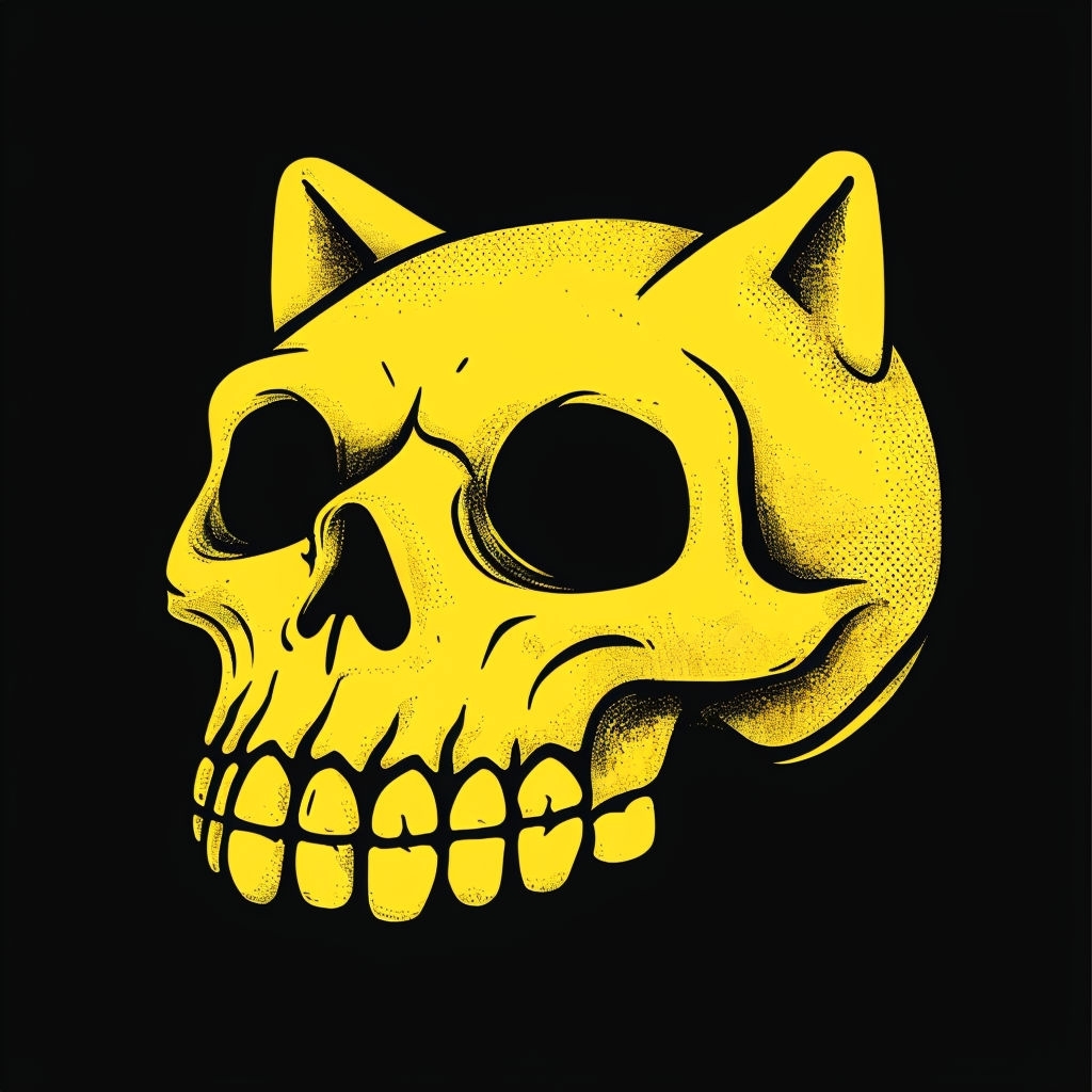 Bright Yellow Cat Skull Illustration on Black Background T-shirt