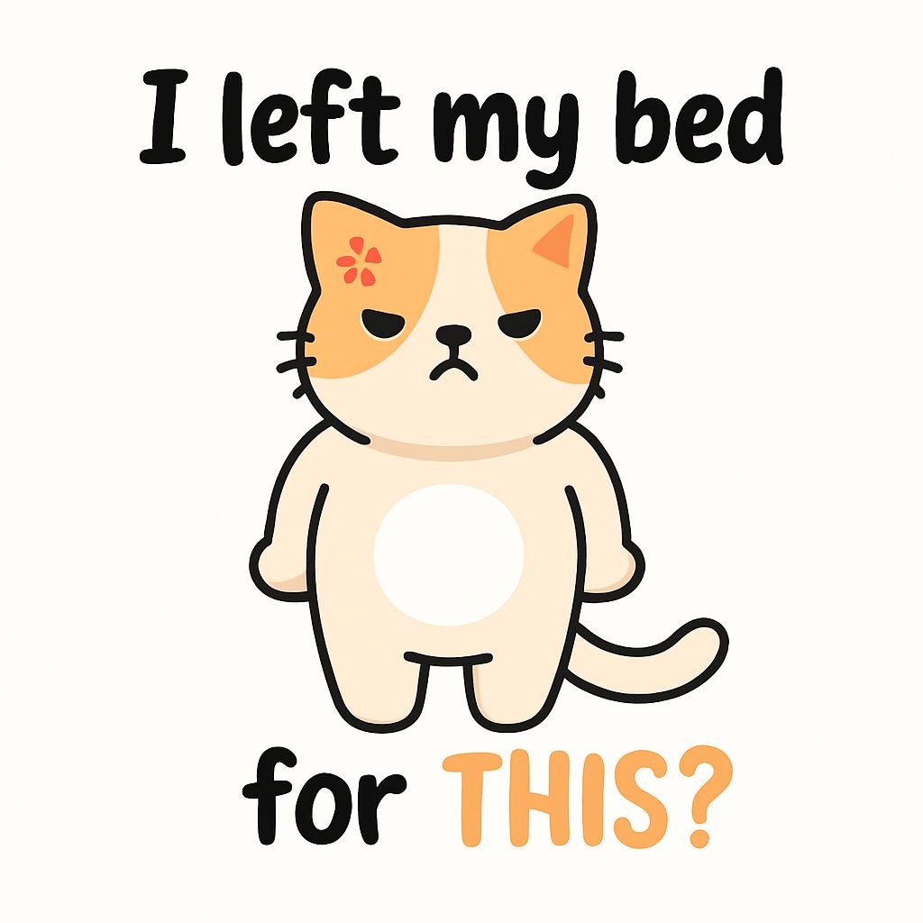 Disgruntled Calico Cat Cartoon with Humorous Text Sticker