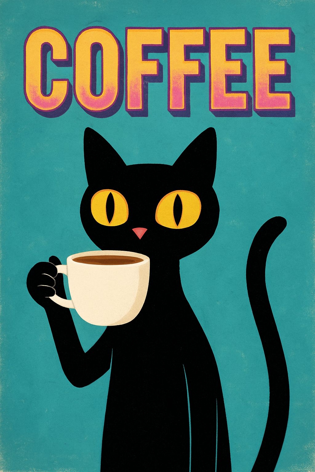 Vintage Cartoon Black Cat with Coffee Cup and Bold Text Poster