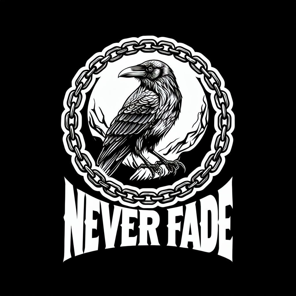 Intricate Monochrome Raven with Chain and "Never Fade" T-Shirt