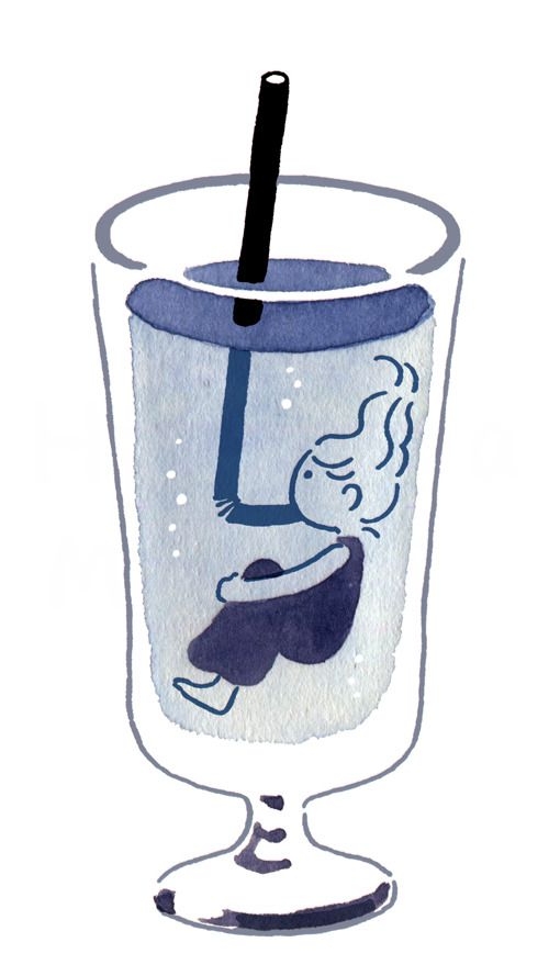 Whimsical Glass Character Illustration with Blue Water Art