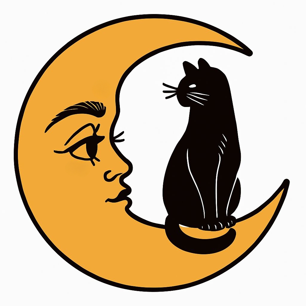 Whimsical Black Cat on Golden Crescent Moon Illustration Sticker