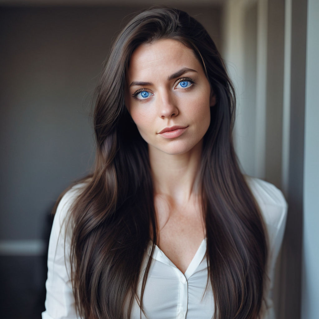 woman blue eyes very long dark hair