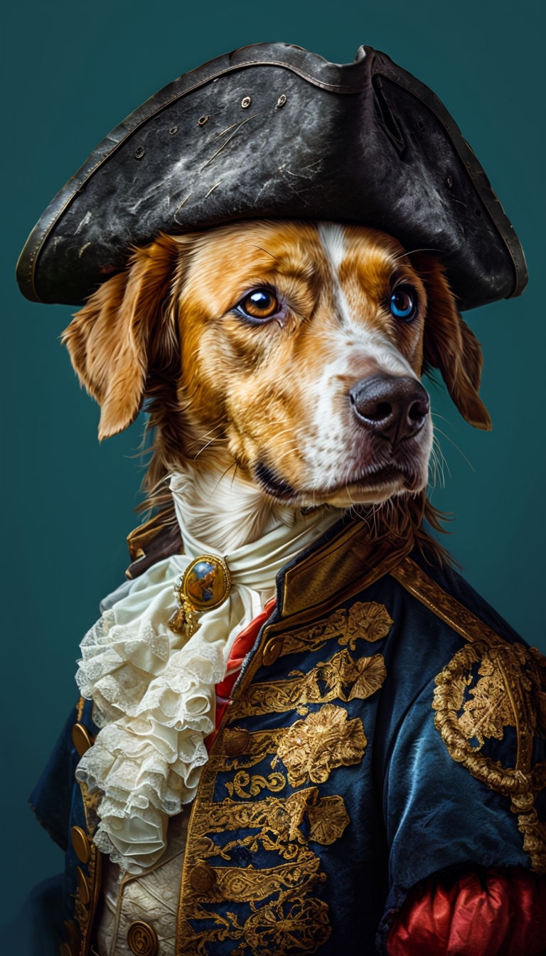 Regal Anthropomorphic Pirate Dog Portrait in Elaborate 18th-Century Attire Art