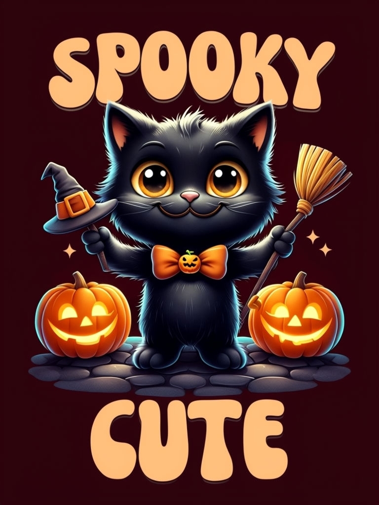 Playful Black Cat with Witch Hat and Jack-O'-Lanterns T-shirt