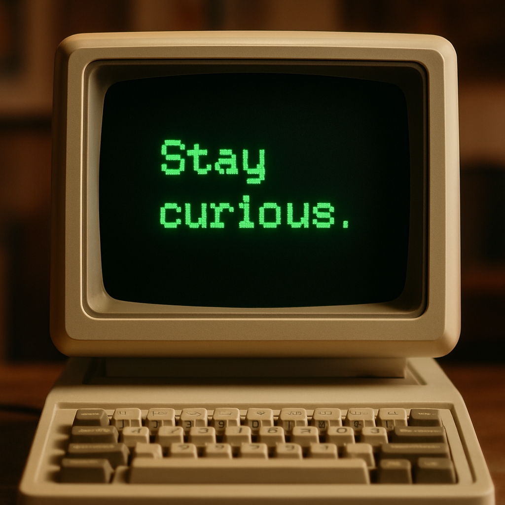 Vintage Beige Computer with Pixelated 'Stay Curious' Message Social Media Post