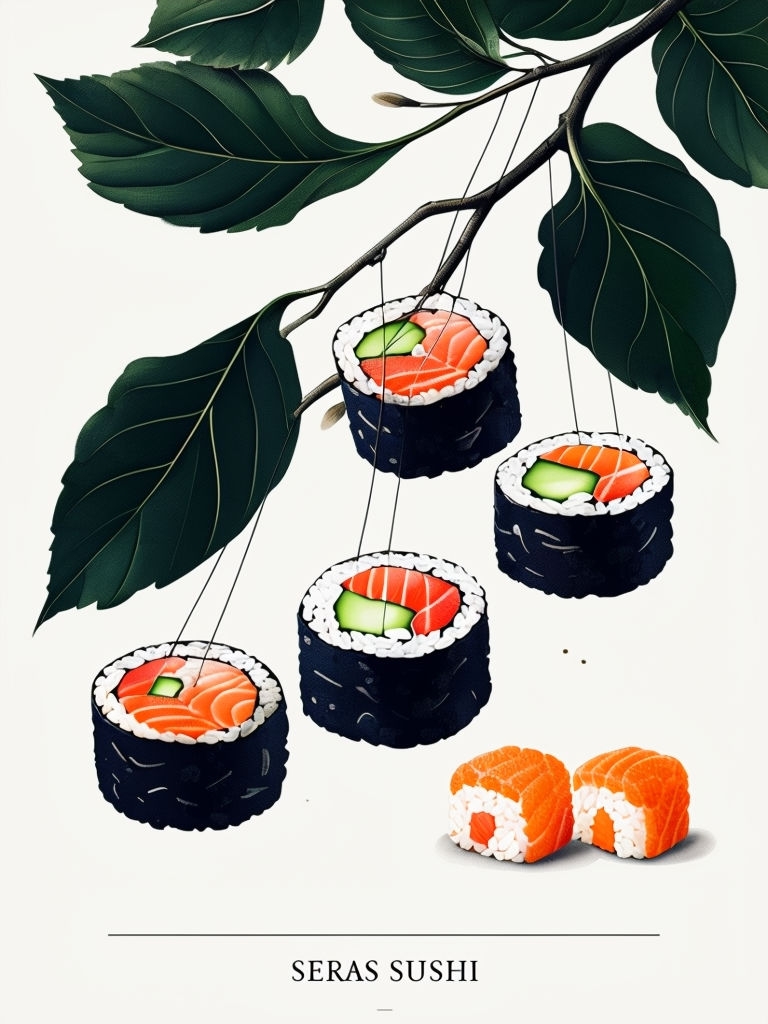 Whimsical Botanical Seras Sushi Illustration with Creative Details Poster