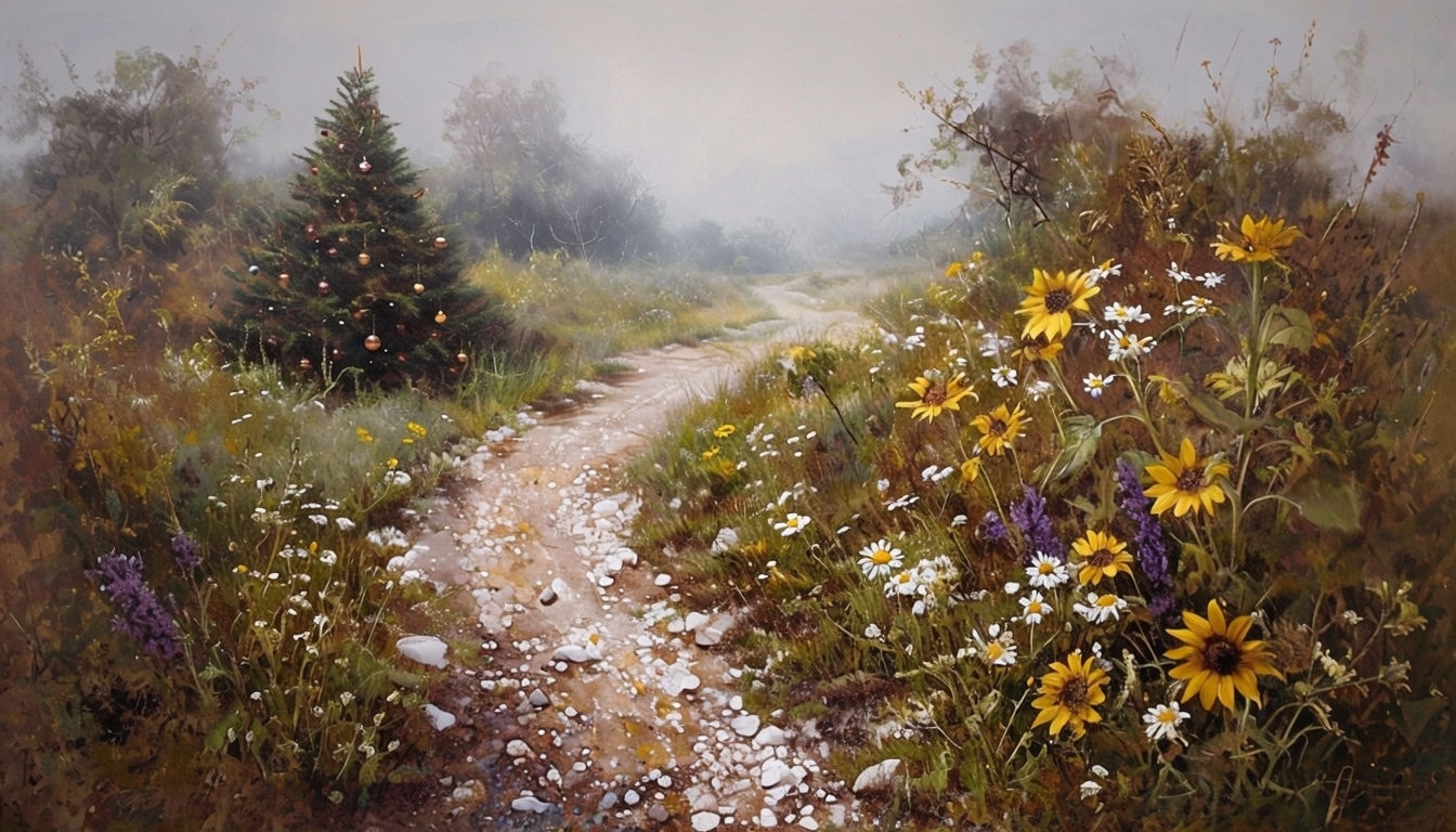 Serene Winding Path with Wildflowers and Christmas Tree Virtual Background