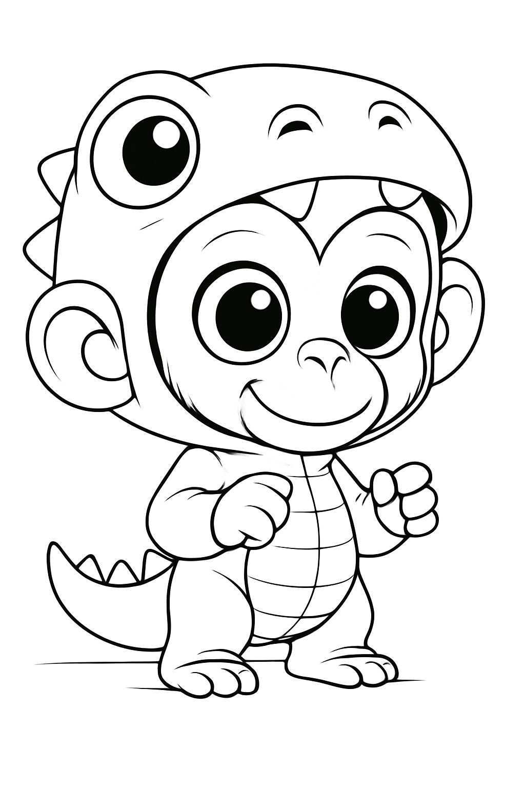 Charming Cartoon Baby Monkey in Dinosaur Costume Coloring Page