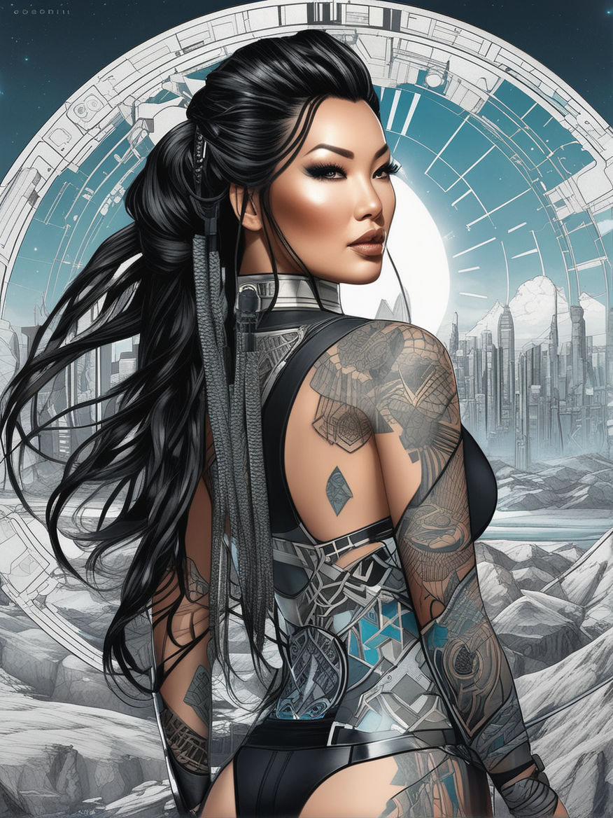 Cyborg tattooed Geisha Assassin with large Asian hairdo in an Asian  cyberpunk city