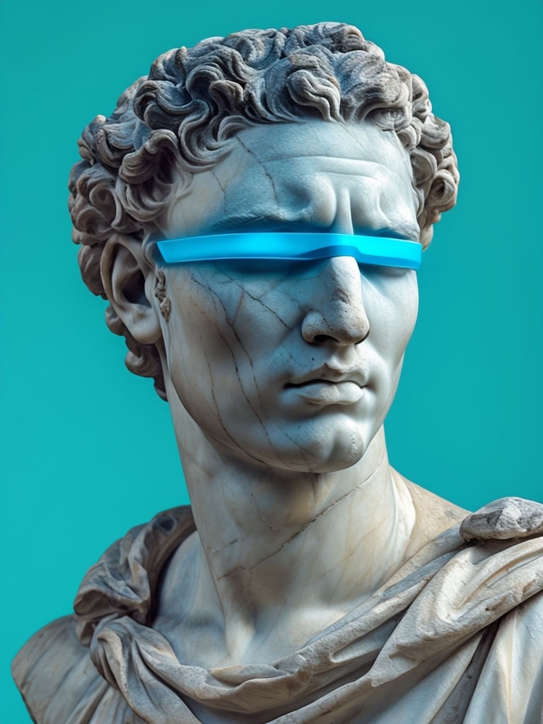 Classical Marble Statue with Futuristic Blue Visor Art