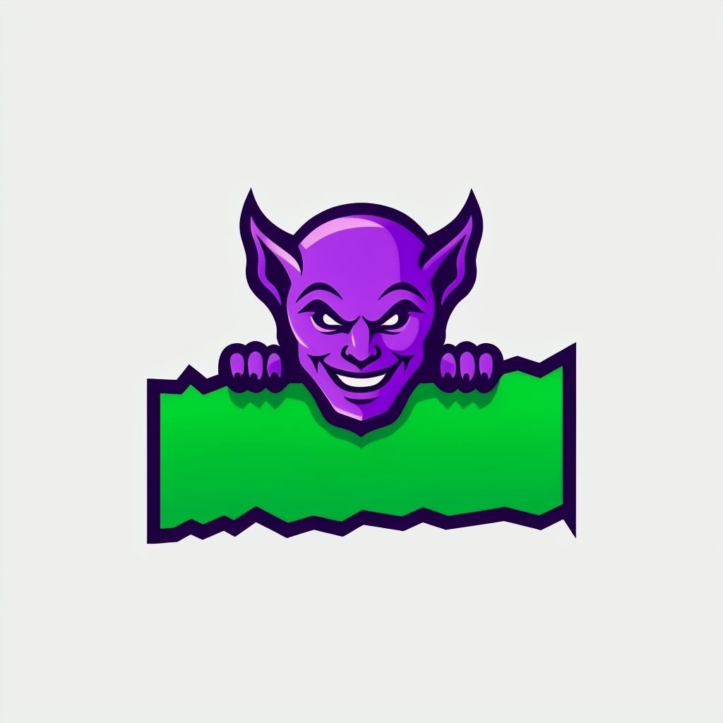 Mischievous Purple Imp Head Peeking Over Bold Green Line Sticker