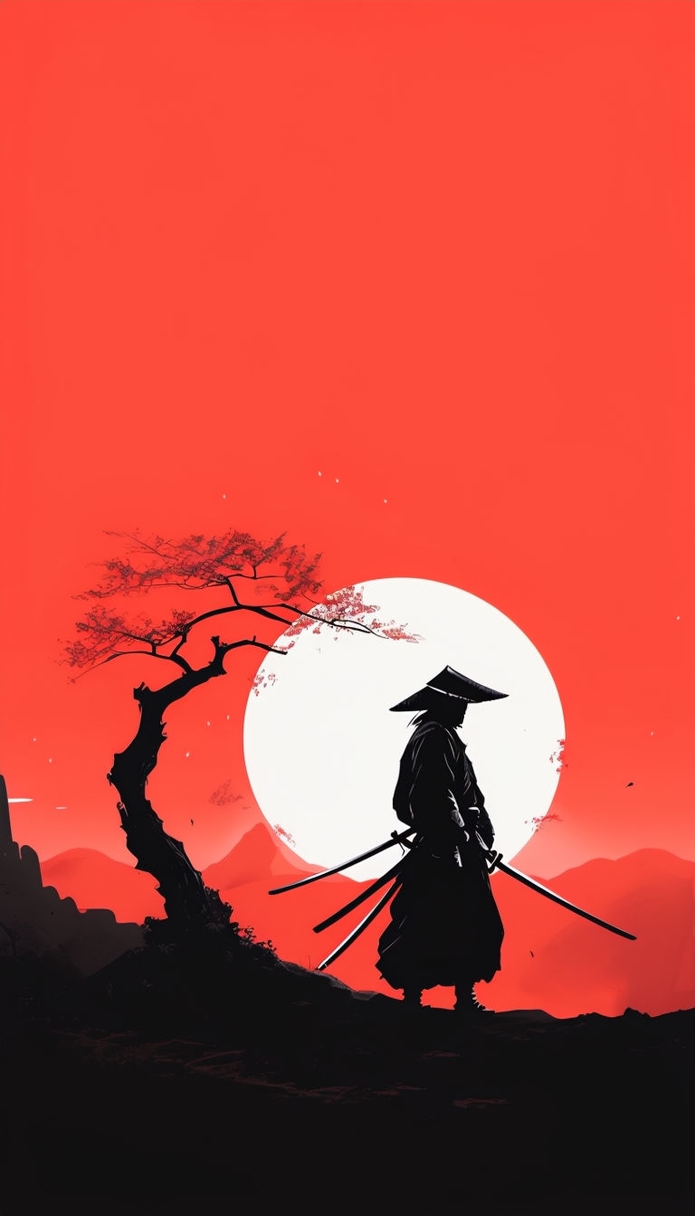 Dramatic Samurai Silhouette Against Coral Red Sky Mobile Wallpaper