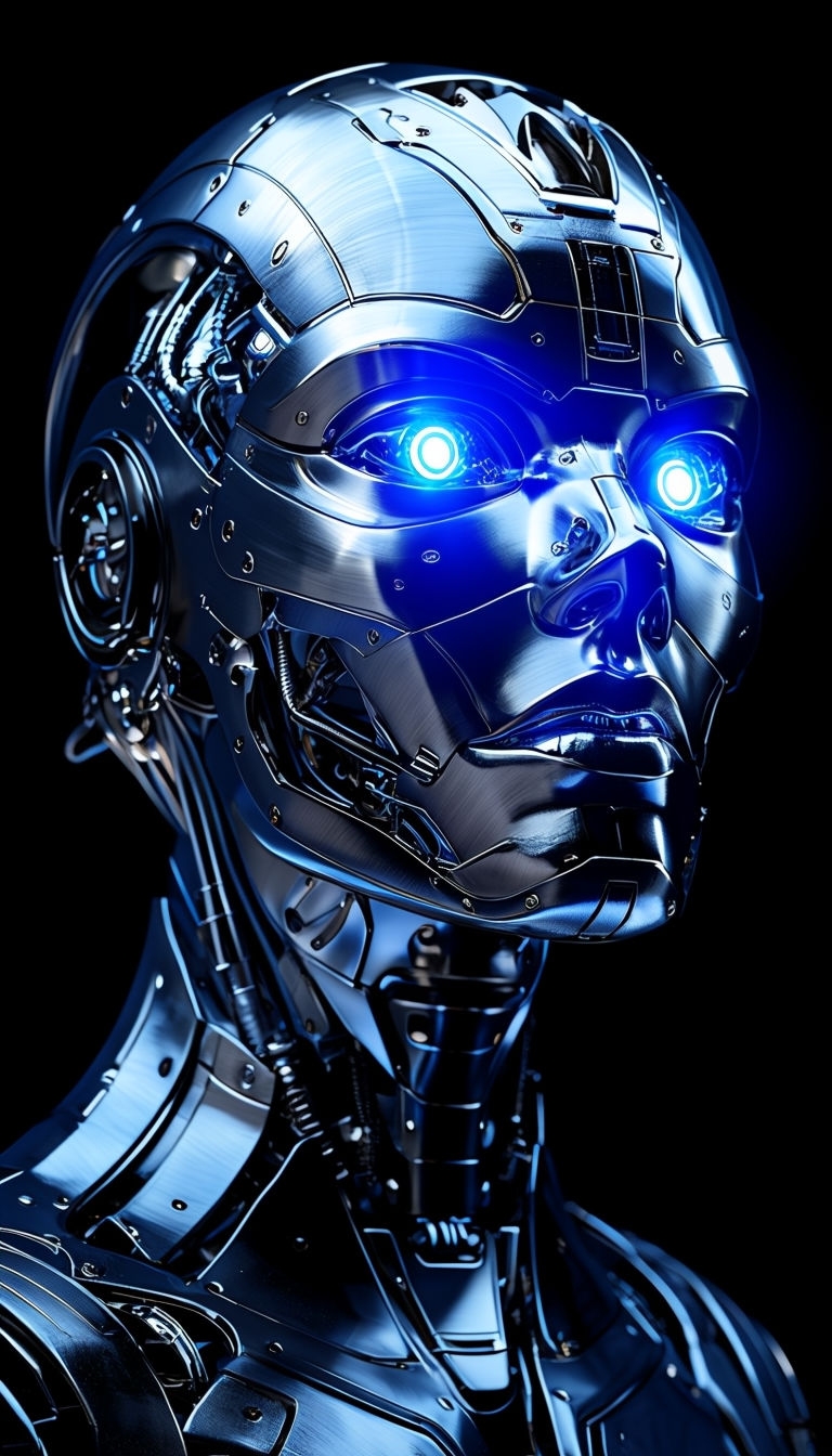 Futuristic Robotic Head with Electric Blue Eyes Mobile Wallpaper
