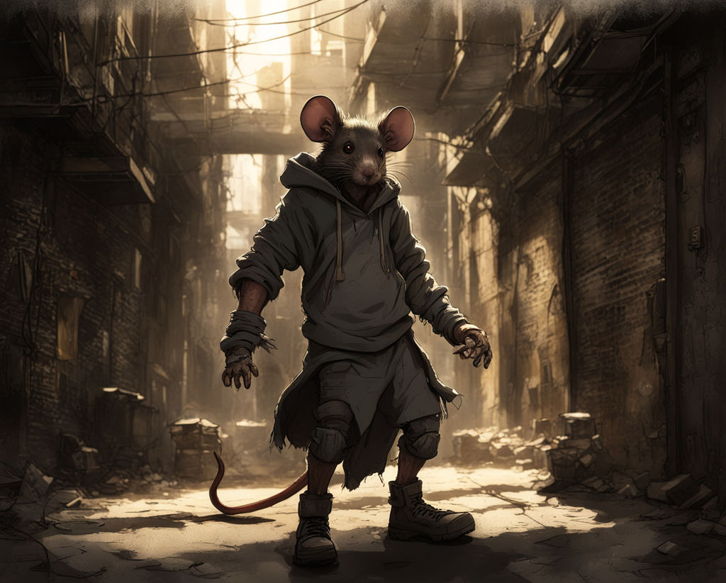 Humanoid rat with metal prosthetic arms clad in tattered hoo... by ...