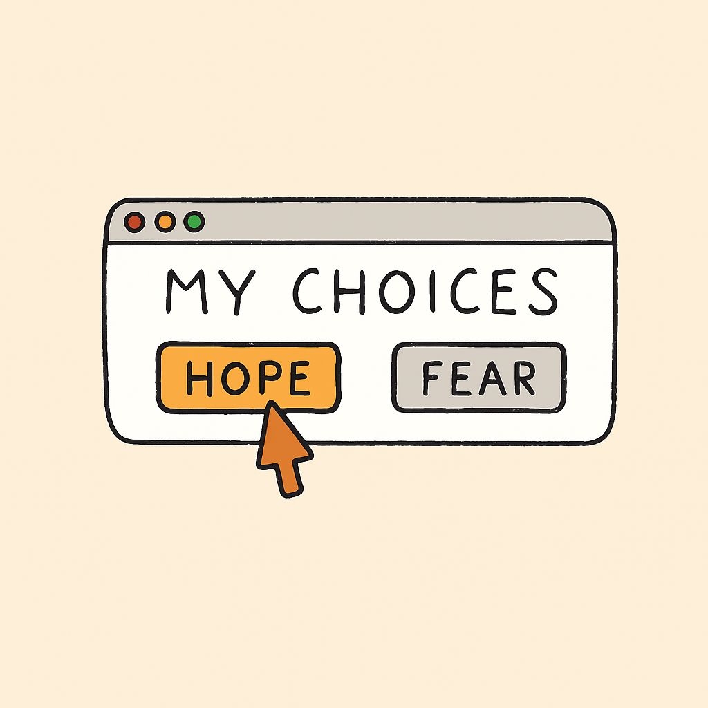 Cartoon Computer Window Interface Illustrating Hope and Fear Social Media Post
