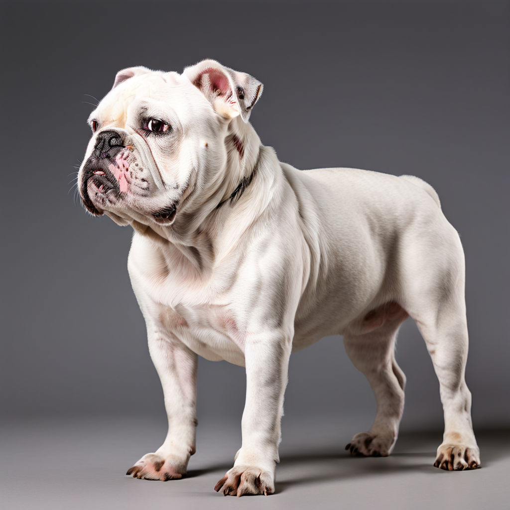 Side view of white Serrano Bulldog dog breed standing agains... by ...